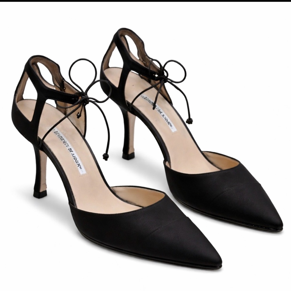 MANOLO BLAHNIK Zaman 70 Black Ankle Tie Satin Pumps – 39.5 • Dust Bag